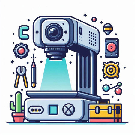 Vector line art illustration of video camera in flat design style. Video recording equipment.のイラスト素材
