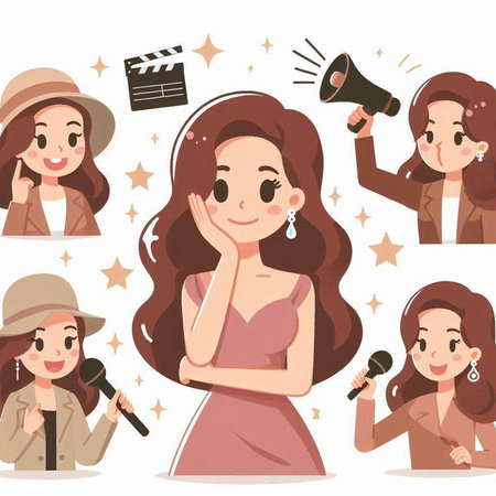 Cartoon woman singer in different poses. Vector illustration isolated on white background.のイラスト素材