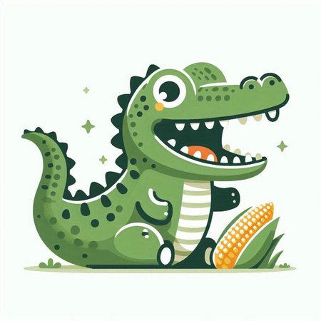 Cute crocodile with corn on the grass. Vector illustration.のイラスト素材