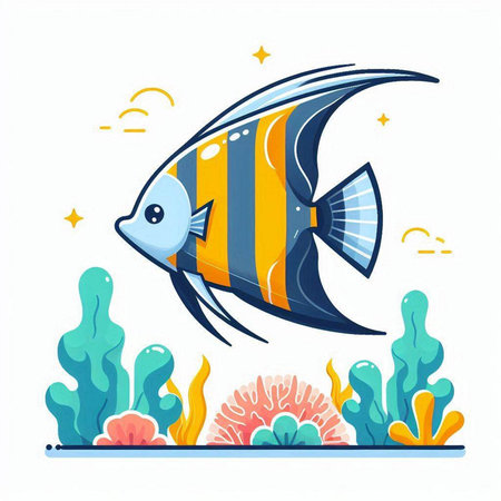 Vector illustration of blue and yellow tropical fish on a white background.のイラスト素材