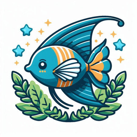 Illustration of a blue fish in a laurel wreath.のイラスト素材