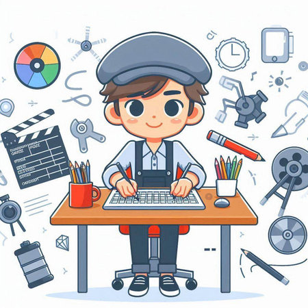 Cute cartoon schoolboy working at the computer. Vector illustration.のイラスト素材