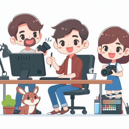Business people sitting at office desk and working with computer. Vector illustration.のイラスト素材
