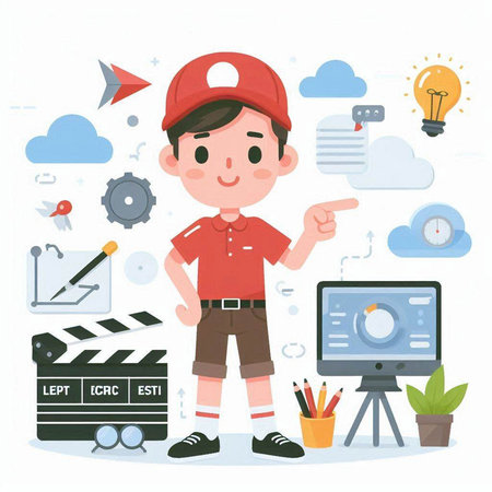 Cute Cartoon Boy in Red Cap Pointing to the Camera. Flat Vector Illustrationのイラスト素材