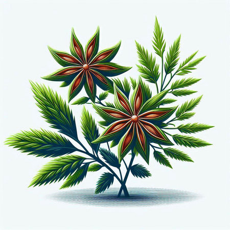 Illustration of star anise with leaves on a white background.のイラスト素材