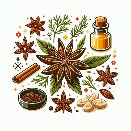 Cinnamon, anise, cloves, star anise. Vector illustrationのイラスト素材
