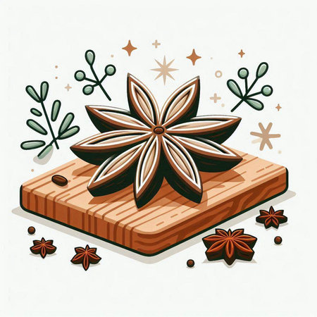 Cinnamon sticks and star anise on wooden board. Vector illustration.のイラスト素材