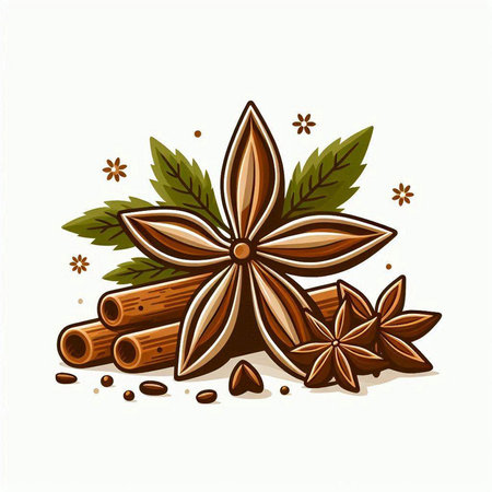 Cinnamon sticks, star anise and coffee beans. Vector illustration.のイラスト素材