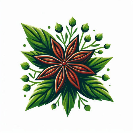 illustration of Christmas star anise with green leaves on white backgroundのイラスト素材