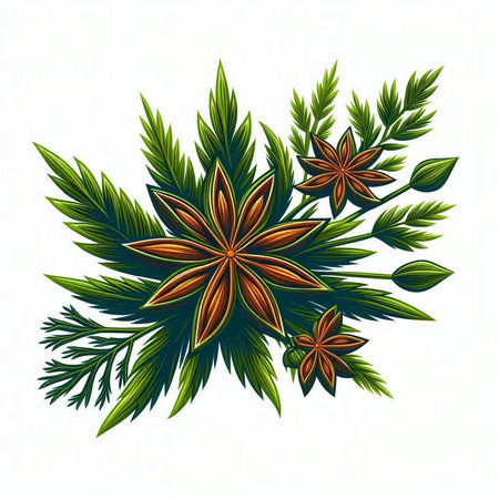 Illustration of anise star and green leaves on a white backgroundのイラスト素材