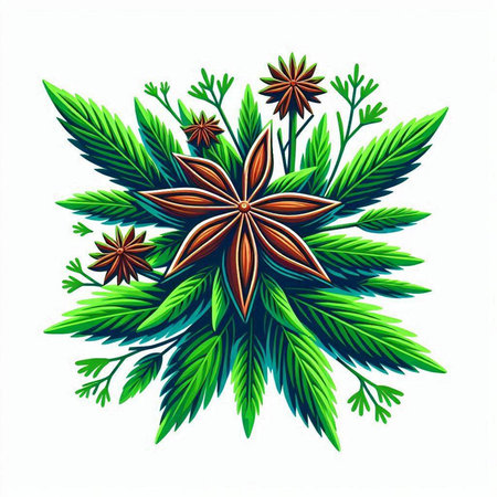 Illustration of anise star and green leaves on a white backgroundのイラスト素材