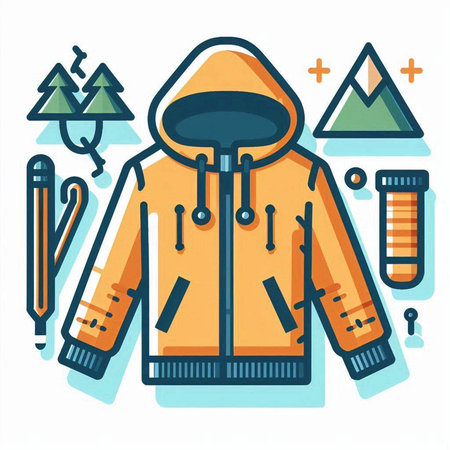 Winter sports equipment. Vector illustration in flat linear style. Jacket, scarf, cap, scarf, ski poles, snowboard.のイラスト素材