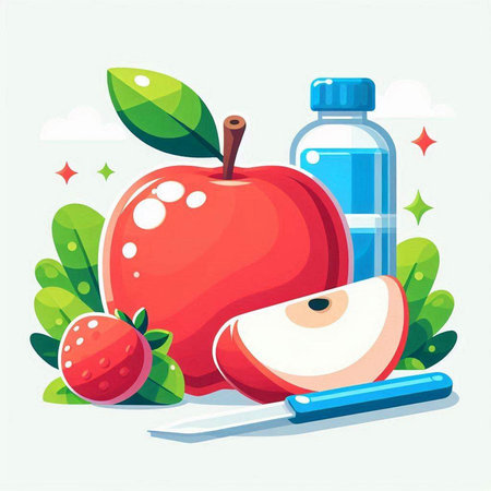 Healthy lifestyle. Vector illustration in flat cartoon style. Apple, apple, water.のイラスト素材