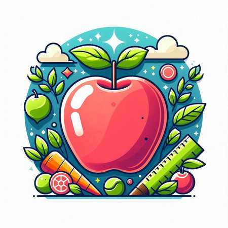 Apple and school supplies on white background. Vector illustration in flat style.のイラスト素材