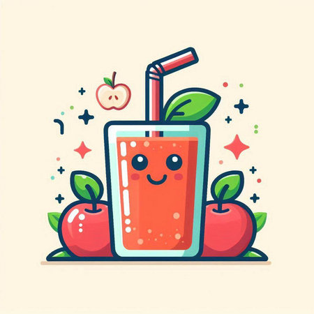 Smiling fresh juice in glass with straw and apples. Vector illustration.のイラスト素材