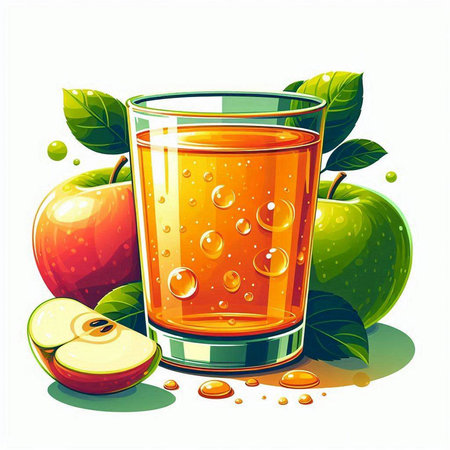 Glass of apple juice with apples and leaves on a white background.のイラスト素材