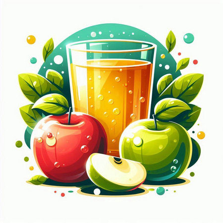 Vector illustration of a glass of apple juice with apples and leaves.のイラスト素材