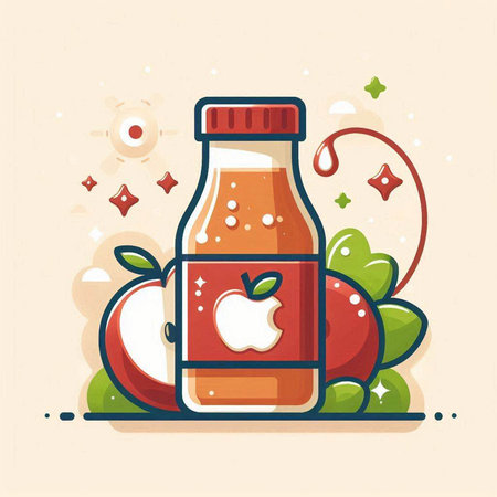 Vector illustration of apple juice in a bottle and fresh apples on a light background.のイラスト素材