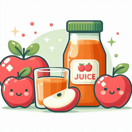 Apple juice in a bottle and a glass of juice. Vector illustration.のイラスト素材