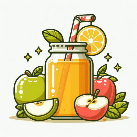 Apple juice in a jar with a straw and slices of apple. Vector illustration.のイラスト素材
