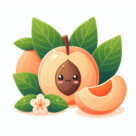 Cartoon apricot fruit character with leaves and flower. Vector illustrationのイラスト素材