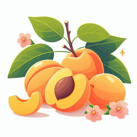 Apricot fruit with leaves and flowers isolated on white background.のイラスト素材