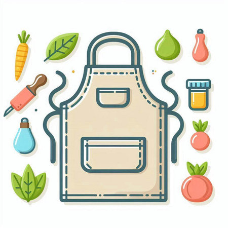 Kitchen apron with vegetables and spices. Vector illustration in flat styleのイラスト素材