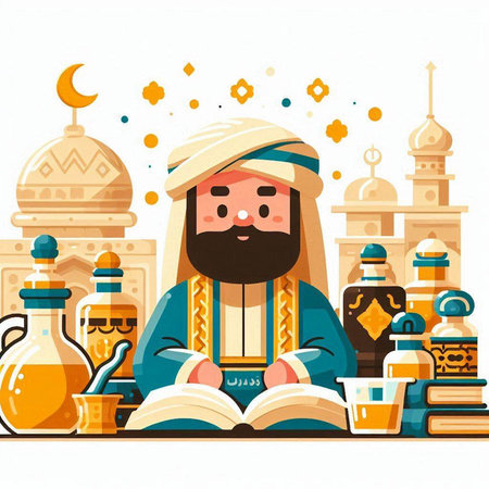 Vector illustration of Muslim man reading holy book Koran. Ramadan Kareem.のイラスト素材
