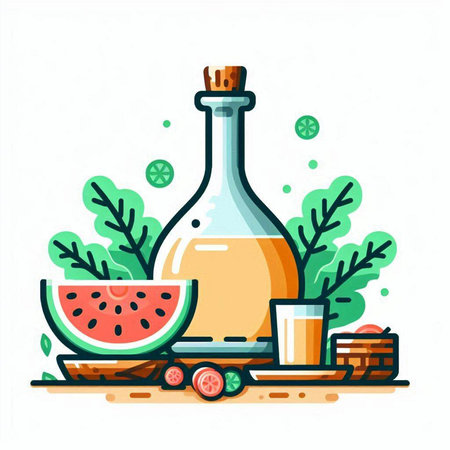 Bottle of watermelon juice with ingredients. Vector illustration in flat styleのイラスト素材