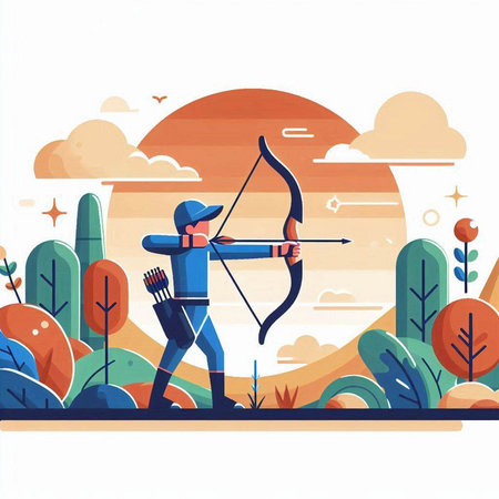 Archery sport vector illustration. Cartoon archer with bow and arrow in the forest.のイラスト素材
