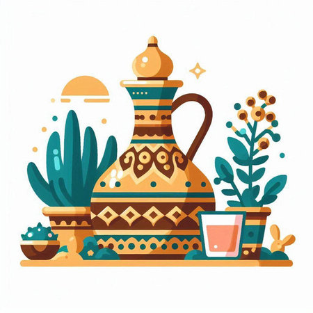 Vector illustration of a clay vase and a cup with a drink.のイラスト素材