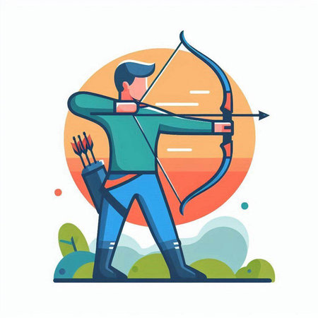 Archery, archery sport vector flat illustration. Man shooting with bow and arrow.のイラスト素材