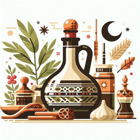 Oriental vector illustration with jug, crescent, spices and olive branch.のイラスト素材