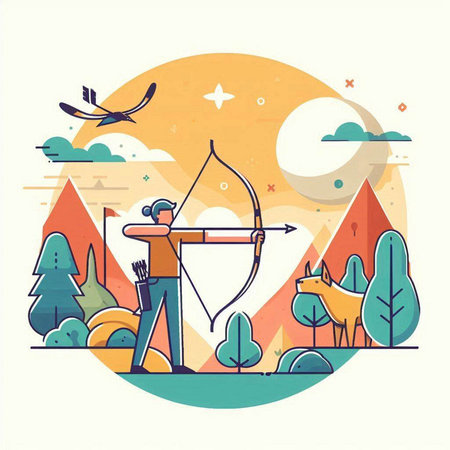 Archery sport flat vector illustration. Cartoon man shooting bow and arrow in forest.のイラスト素材