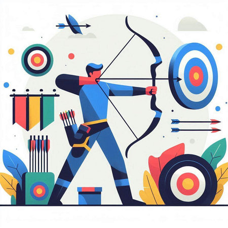 Archery sport flat vector illustration. Cartoon archer with bow and arrow shooting at target. Target, goal, success concept for banner, website design or landing web pageのイラスト素材