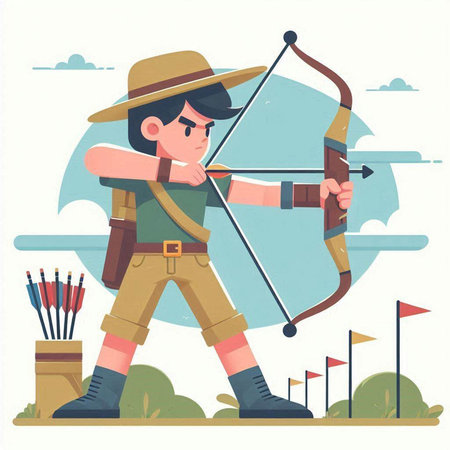 Archer with bow and arrow. Flat design vector illustration. Vintage style.のイラスト素材
