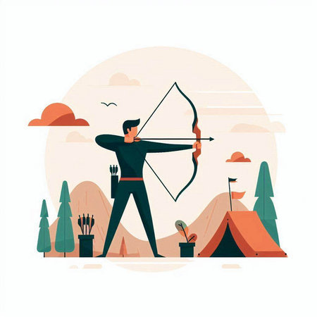 Archery archery sport vector illustration. Cartoon man with bow and arrow aiming at target.のイラスト素材
