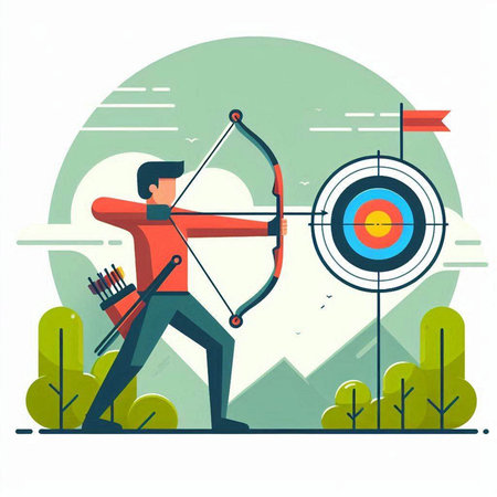 Archery sport vector flat illustration. Man aiming with a bow at the target.のイラスト素材