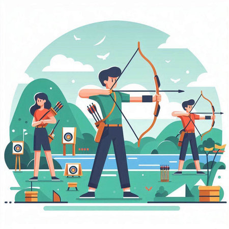 Archery sport vector illustration. Flat cartoon man and woman in sportswear practicing archery with bow and arrow. Archery competition concept.のイラスト素材