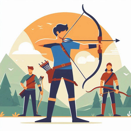 Archery sport vector illustration. Cartoon archery player with bow and arrow in forest.のイラスト素材