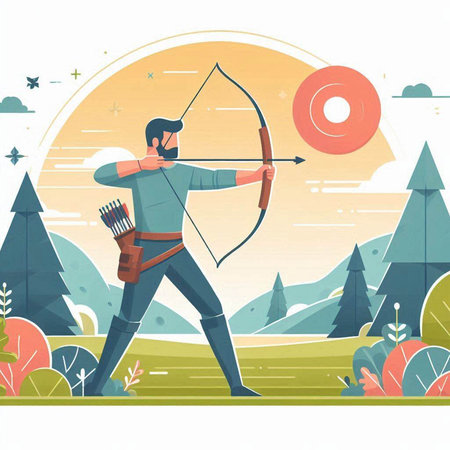 Archery vector illustration in flat cartoon style. Man archer with bow and arrow aiming at target.のイラスト素材