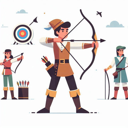Boys and girls with bow and arrows. Flat vector illustration.のイラスト素材