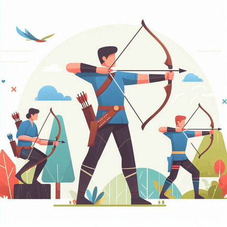 Archery sport vector flat illustration. Male archer with bow and arrow aiming at target. Archery sport concept.のイラスト素材