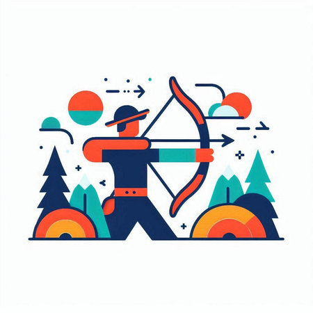 Archery archery sport flat vector illustration. Man in hat aiming with bow and arrow at target.のイラスト素材