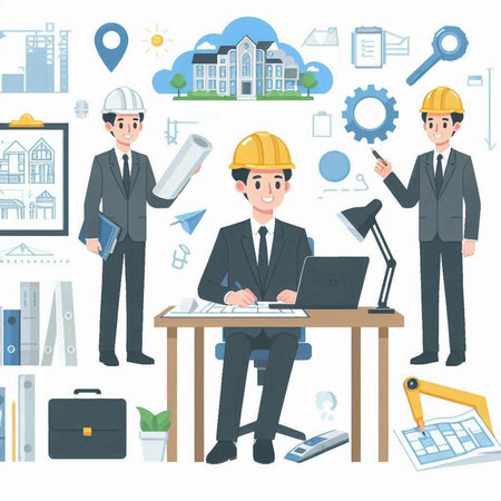 Architects and engineers working in the office. Vector illustration.のイラスト素材