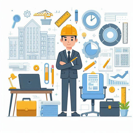 Architect in a helmet at the workplace. Vector illustration in flat styleのイラスト素材
