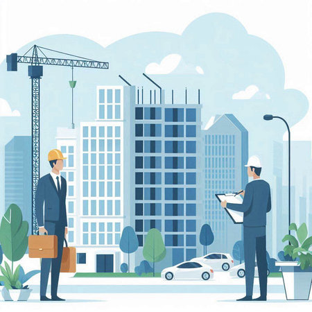Engineer and architect on construction site. Vector illustration in flat styleのイラスト素材