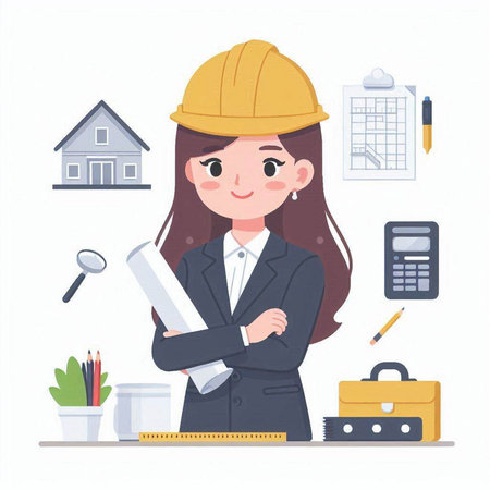 Female architect with yellow helmet and blueprint. Vector illustration in cartoon style.のイラスト素材