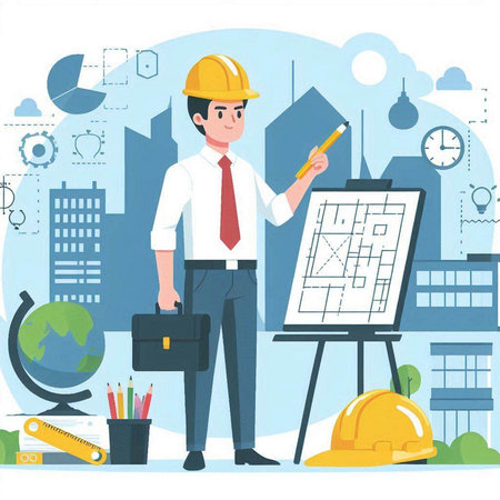 Architect working on blueprint, vector illustration in flat style. Man engineer in helmet and tie standing near drawing board with project plan, architectural project and building on backgroundのイラスト素材