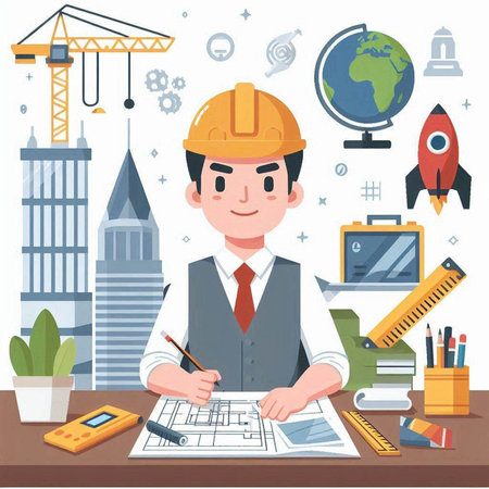 Architect working on blueprint at construction site. Vector illustration in flat styleのイラスト素材